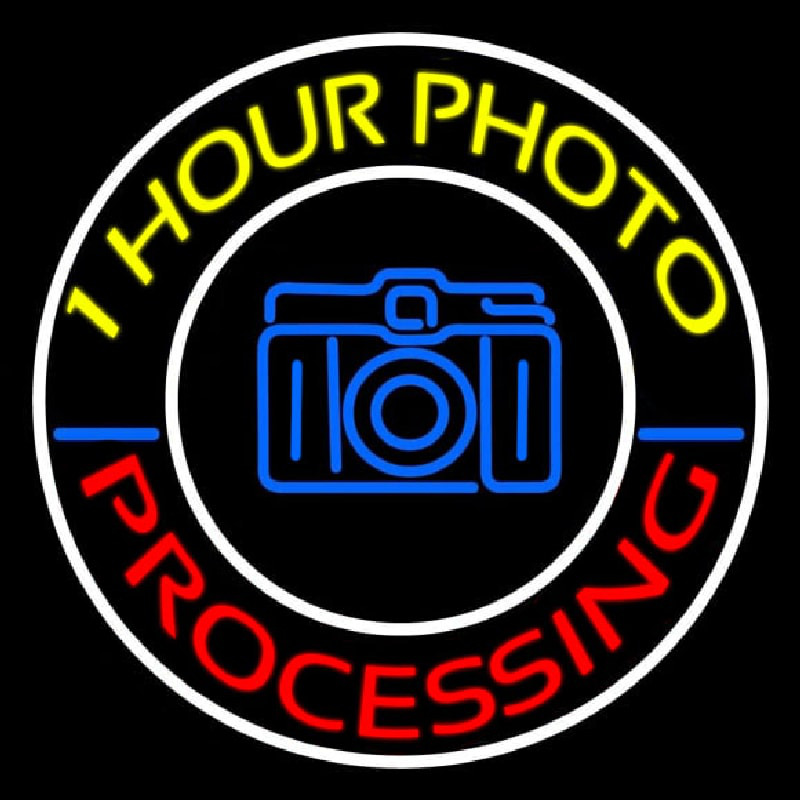 Yellow One Hour Photo Processing Neon Skilt