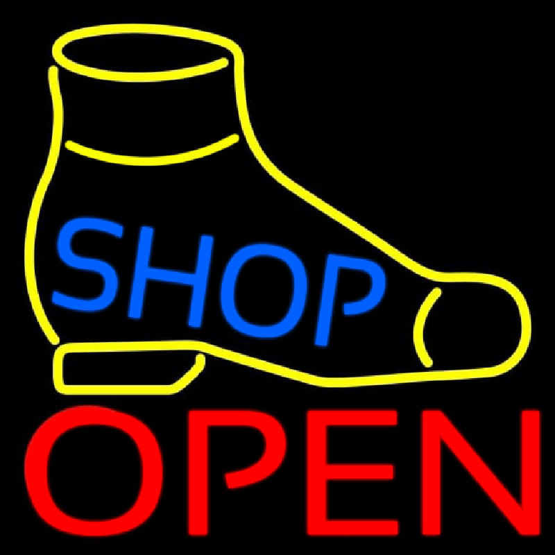 Yellow Shoe Blue Shop Open Neon Skilt