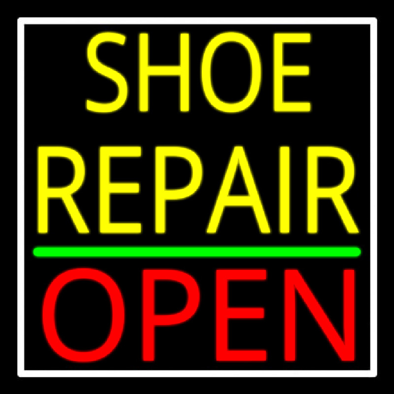 Yellow Shoe Repair Open With Border Neon Skilt