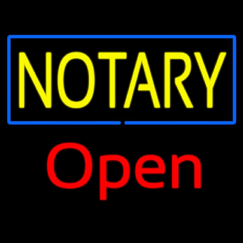 Yellow Notary Blue Border Open Neon Skilt