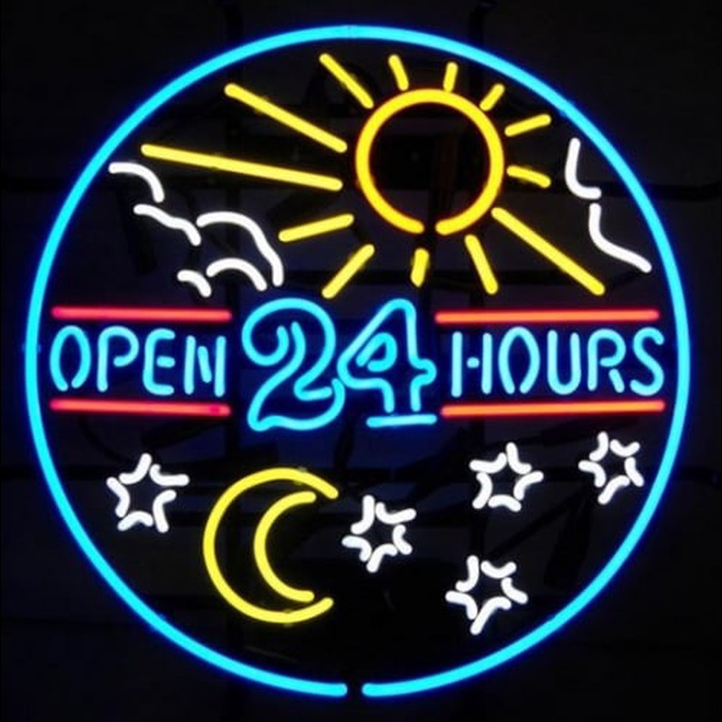open 24 hours sun moon day BEER BAR PUB Neon Skilt