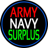 Army Navy Surplus Blue Round Neon Skilt