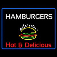 Blue Border Hamburgers Hot And Delicious With Border Neon Skilt