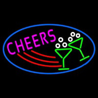 Cheers With Wine Glass Oval With Blue Border Neon Skilt
