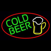 Cold Beer And Mug Oval With Red Border Neon Skilt