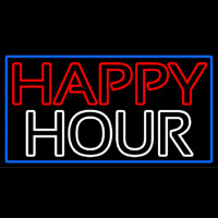 Double Stroke Happy Hour With Blue Border Neon Skilt
