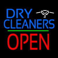 Dry Cleaners Logo Block Open Green Line Neon Skilt