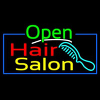 Green Open Hair Salon With Blue Border Neon Skilt