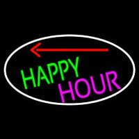 Happy Hour And Arrow Oval With White Border Neon Skilt