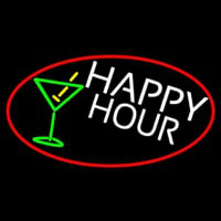 Happy Hour And Martini Glass Oval With Red Border Neon Skilt
