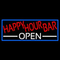 Happy Hour Bar Open With Blue Border Neon Skilt