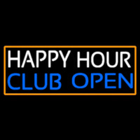 Happy Hour Club Open With Orange Border Neon Skilt