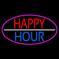 Happy Hour Oval With Pink Border Neon Skilt