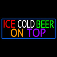 Ice Cold Beer On Top With Blue Border Neon Skilt