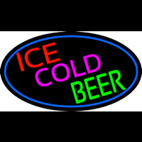 Ice Cold Beer Oval With Blue Border Neon Skilt