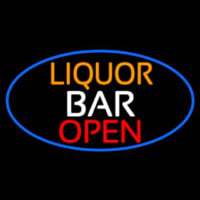 Liquor Bar Open Oval With Blue Border Neon Skilt
