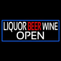 Liquor Beer Wine Open With Blue Border Neon Skilt