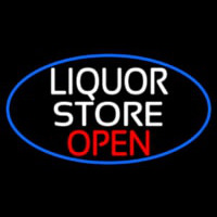 Liquor Store Open Oval With Blue Border Neon Skilt