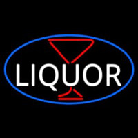 Liquor With Martini Glass Oval With Blue Border Neon Skilt