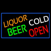 Liquors Beer Cold Open With Blue Border Neon Skilt