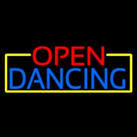 Open Dancing With Yellow Border Neon Skilt