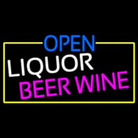 Open Liquor Beer Wine With Yellow Border Neon Skilt