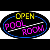 Open Pool Room Oval With Blue Border Neon Skilt