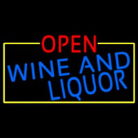 Open Wine And Liquor With Yellow Border Neon Skilt