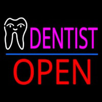 Pink Dentist White Tooth Blue Line Open Neon Skilt