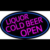 Pink Liquors Cold Beer Open Oval With Blue Border Neon Skilt