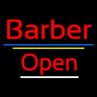 Red Barber Open Blue Yellow Lines Neon Skilt