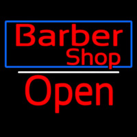 Red Barber Shop Open With Blue Border Neon Skilt