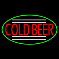 Red Cold Beer Oval With Green Border Neon Skilt