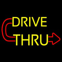 Red Drive Thru With Curved Arrow Neon Skilt