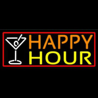 Red Happy Hour And Wine Glass With Red Border Neon Skilt