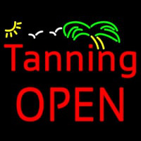 Red Tanning Block Open With Palm Tree Neon Skilt