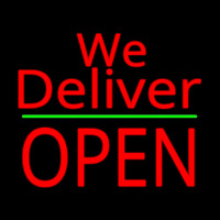 Red We Deliver Open Green Line Neon Skilt