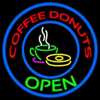 Round Red Coffee Donuts Open Neon Skilt