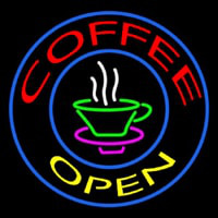 Round Red Coffee Open Yellow Neon Skilt