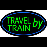 Travel By Train With Blue Border Neon Skilt