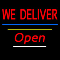 We Deliver Open Blue And Yellow Line Neon Skilt