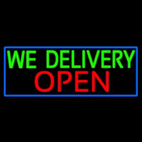 We Deliver Open With Blue Border Neon Skilt
