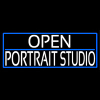 White Open Portrait Studio With Blue Border Neon Skilt