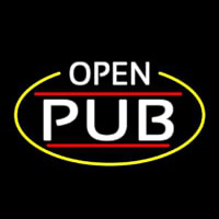 White Open Pub Oval With Yellow Border Neon Skilt