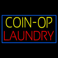 Yellow Coin Op Laundry Blue Border Neon Skilt