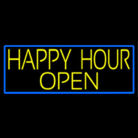 Yellow Happy Hour Open With Blue Border Neon Skilt